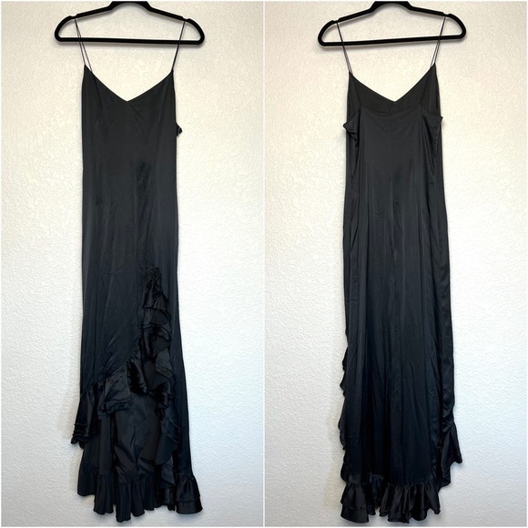 CAROLINE CONSTAS Silk V-Neck Sleeveless Ruffle Hem Ruched Side Slit Maxi Gown M - Picture 3 of 7
